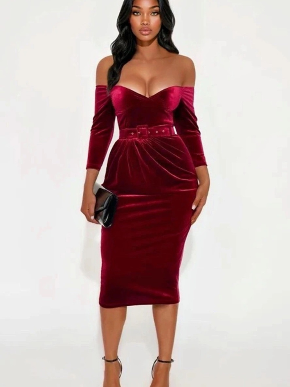 House of CB Martinella Wine Velvet Off Shoulder Dress Midi Dress